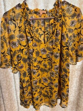 Mason & Latimer Yellow Floral Flutter Sleeve Boho Blouse M